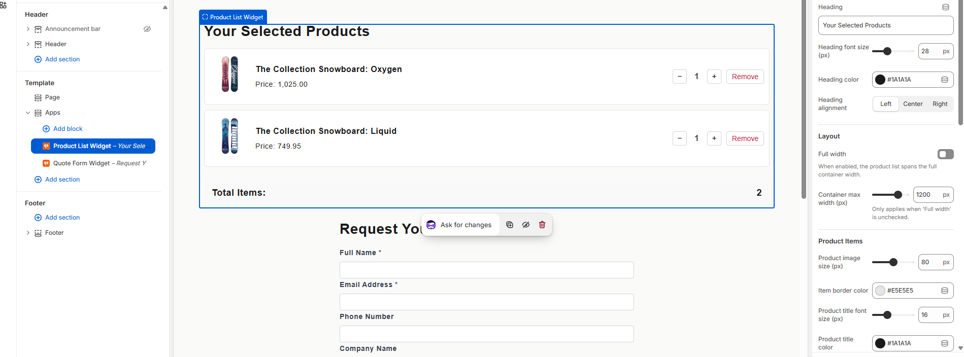 Product list widget displaying items added to a B2B quote request on Shopify
