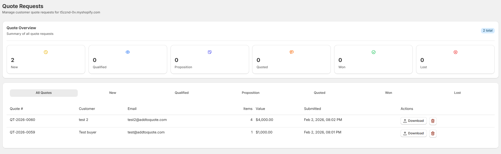 Quote management dashboard for Shopify B2B stores without Shopify Plus