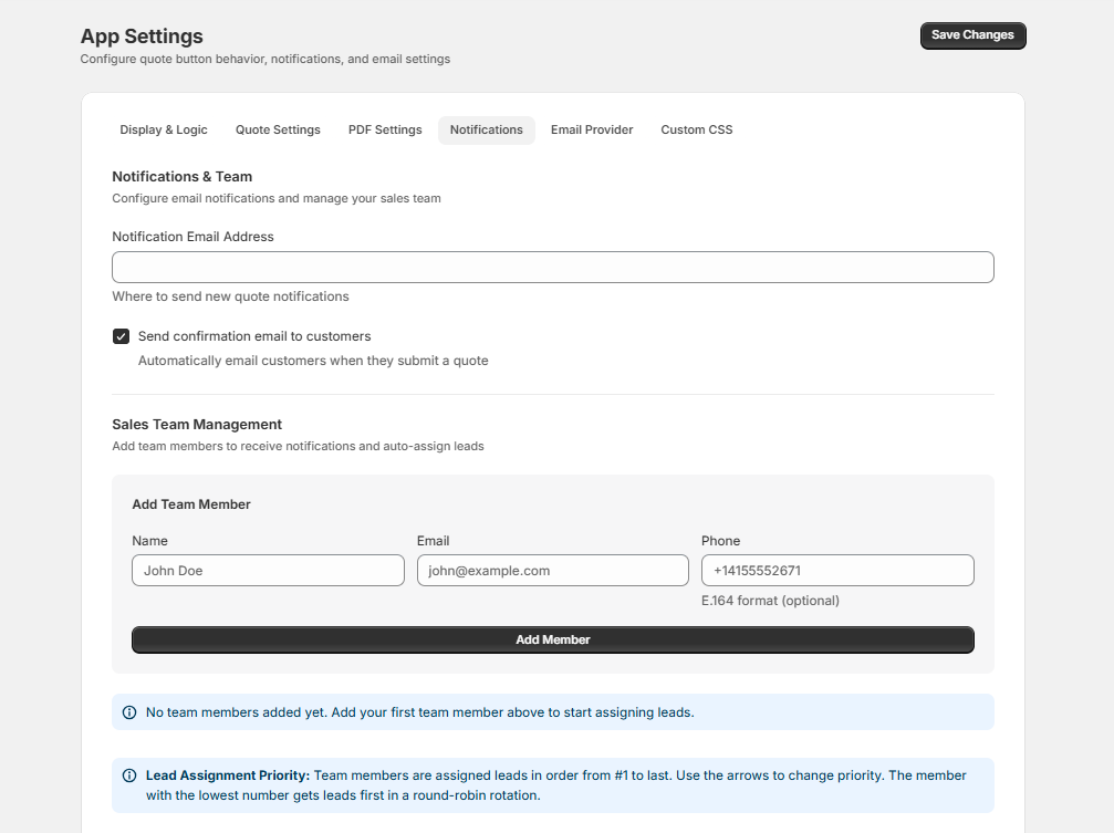 Multi-channel notification settings for instant B2B quote alerts on Shopify