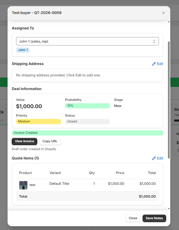 Itemized quote detail with line items, pricing, and PDF generation on Shopify