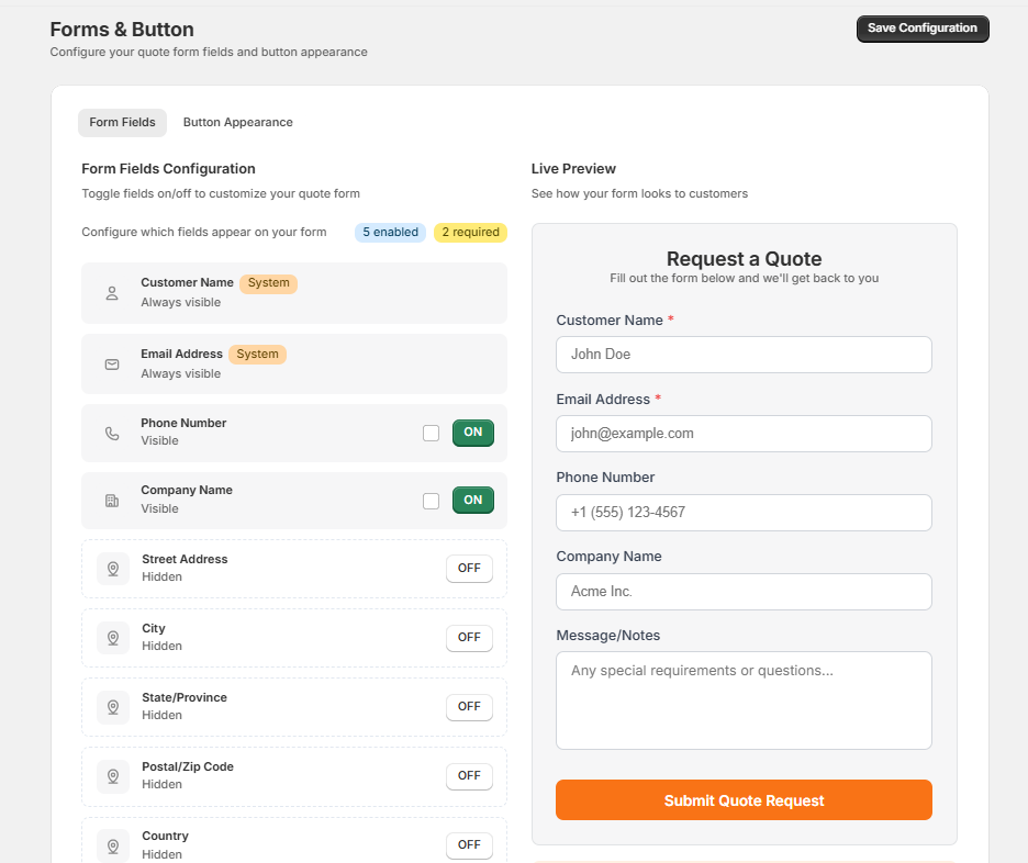 Customizable quote request form builder with drag-and-drop fields for B2B Shopify stores