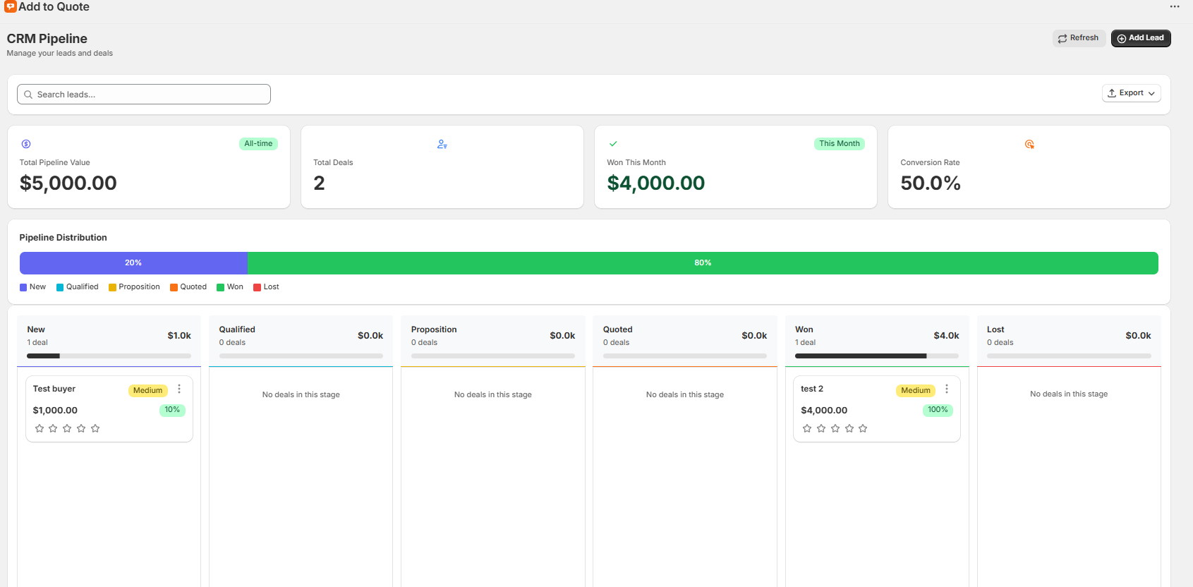 CRM pipeline with kanban view tracking B2B quotes through sales stages on Shopify