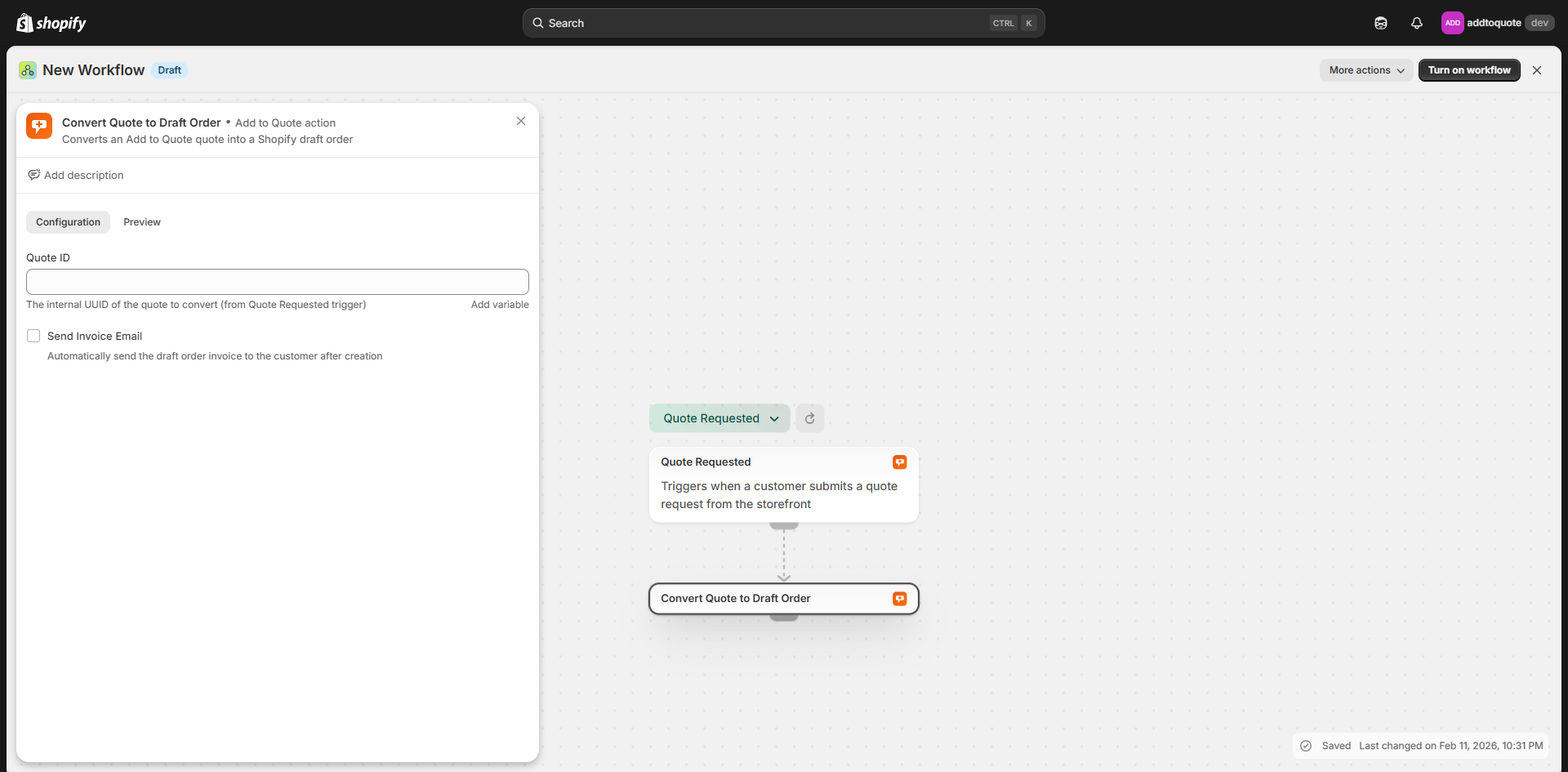 Shopify Flow action configuration for converting a quote to draft order