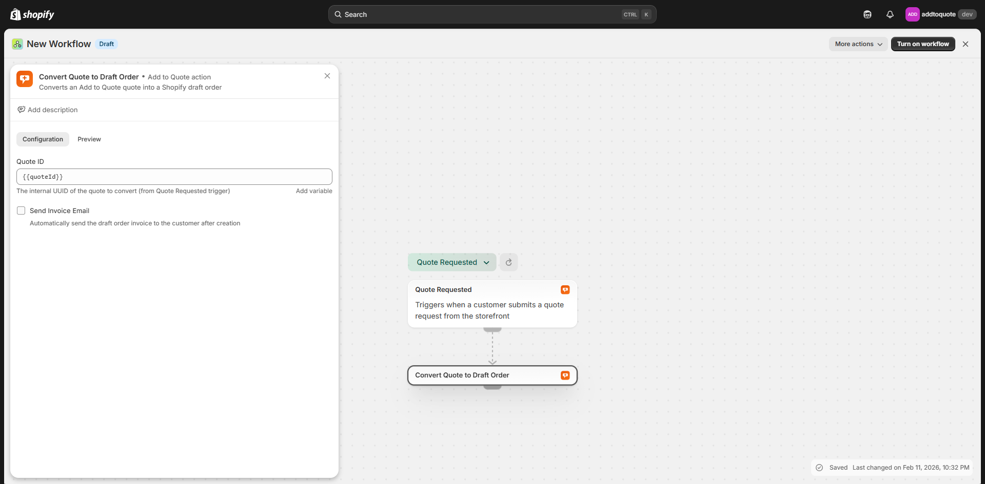 Shopify Flow automation that tags customers after quote conversion