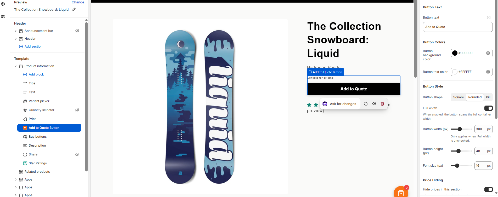 Shopify Theme Editor with Add to Quote button block and price hiding settings