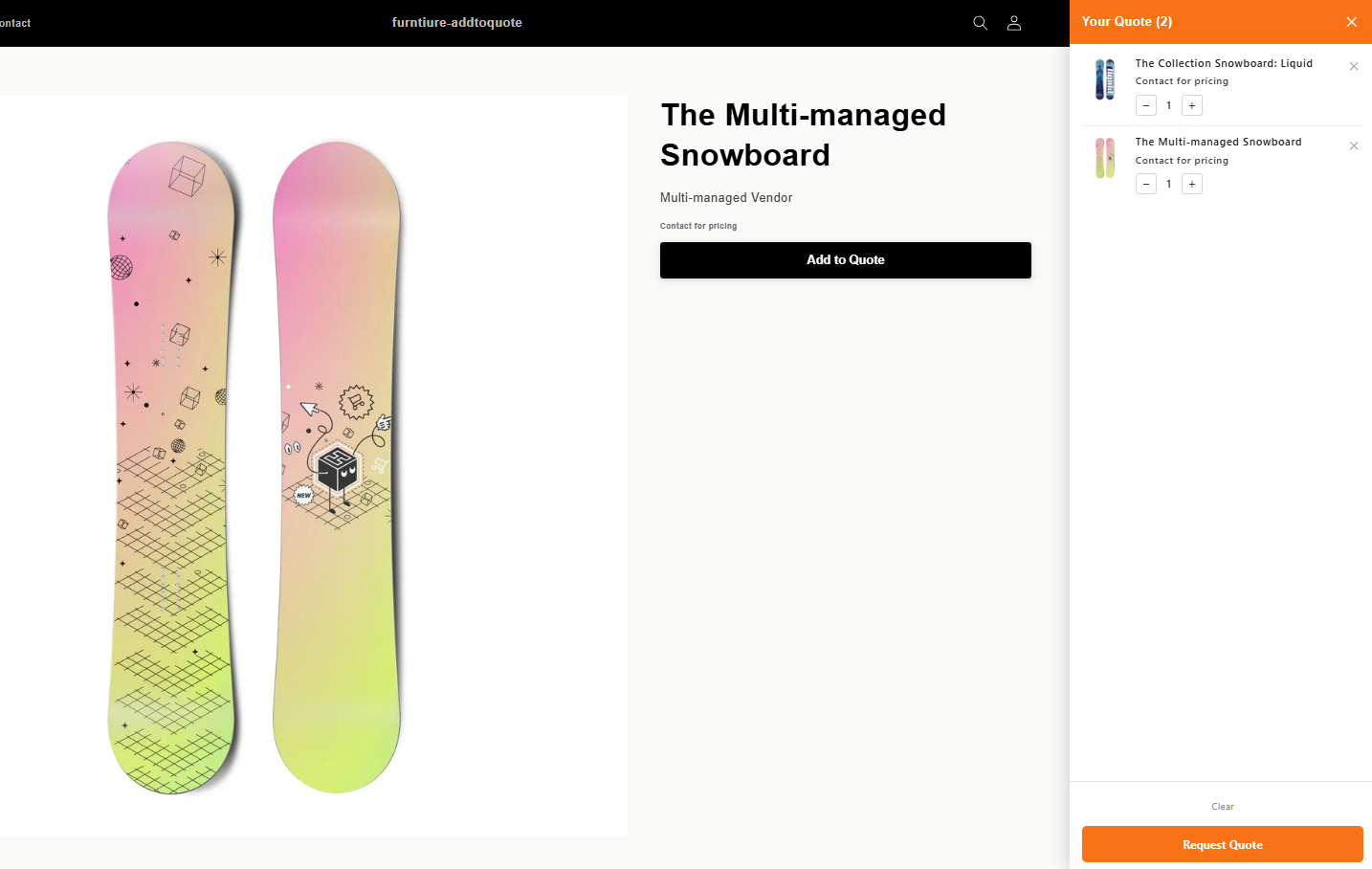 Shopify storefront with Request a Quote button enabling wholesale price negotiation