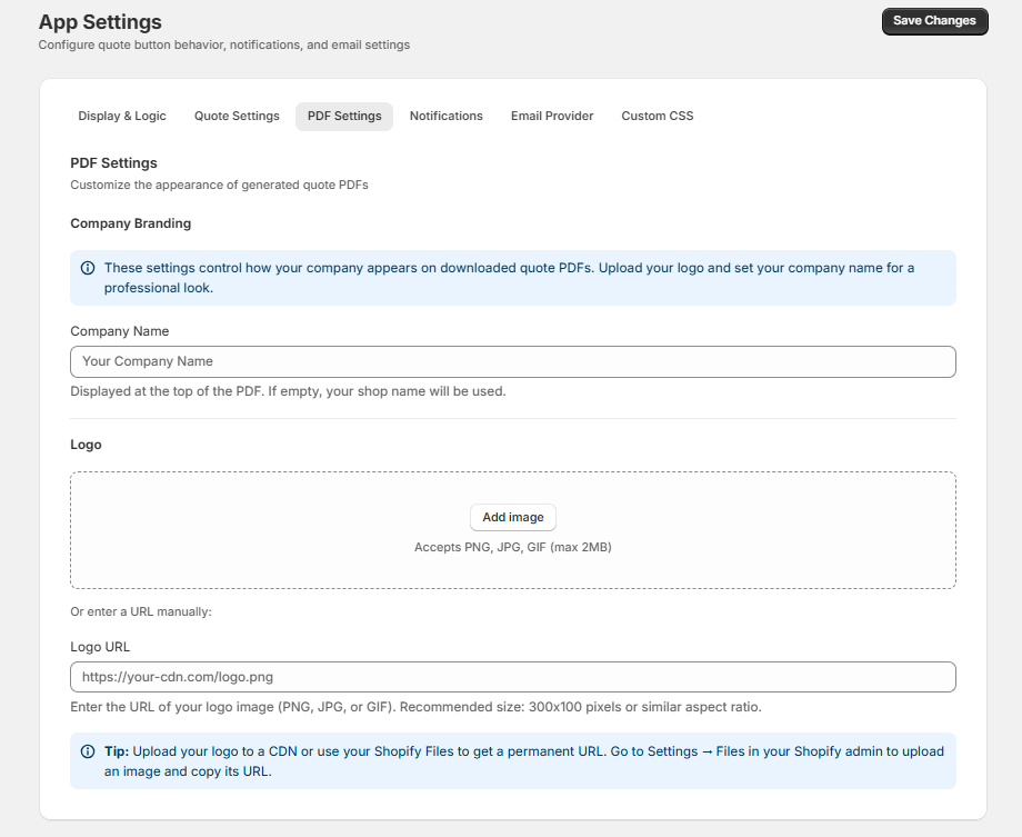 PDF quote settings for generating branded proposals with customer-specific pricing