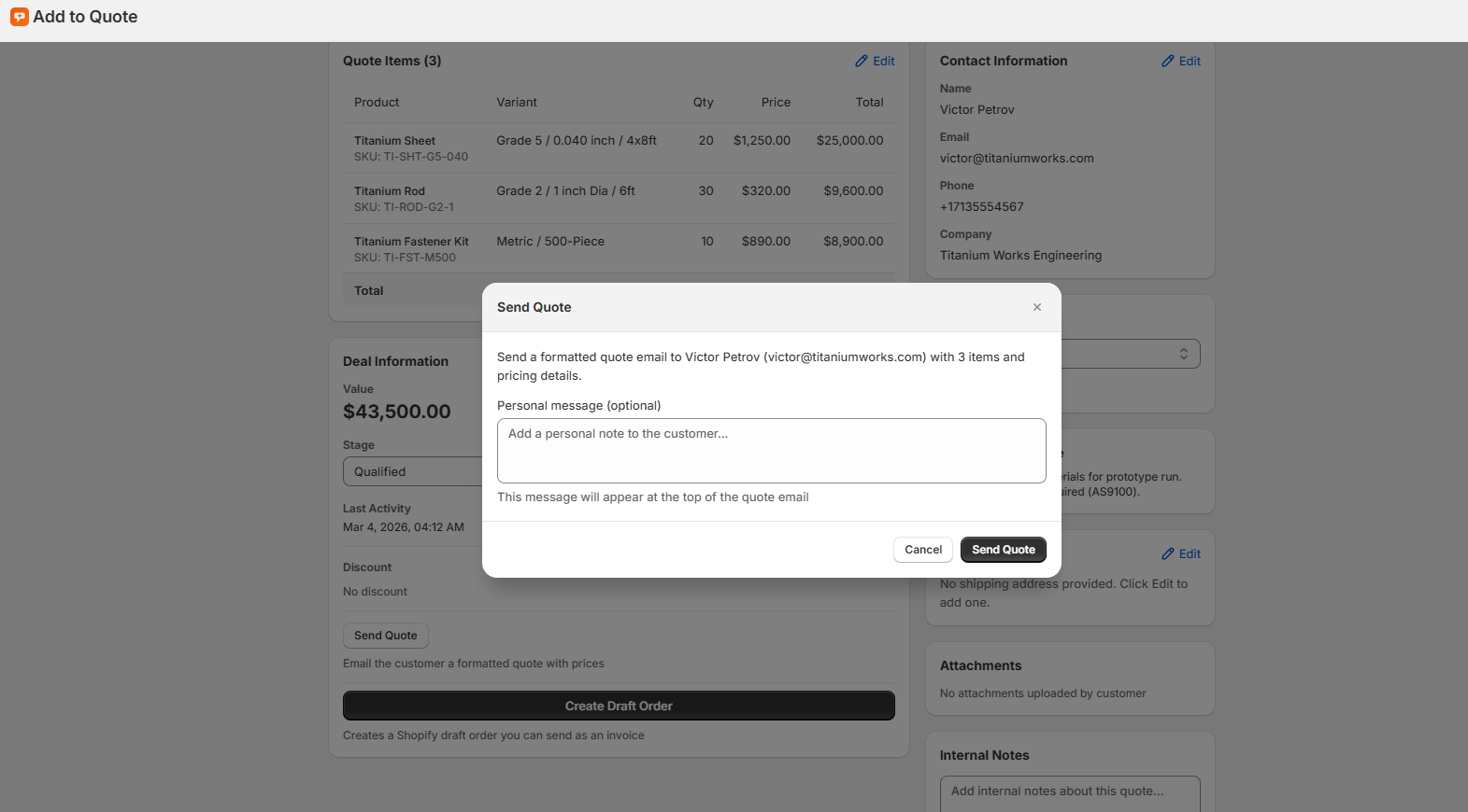 AddToQuote quote email a Shopify B2B customer receives with an Accept and Pay button