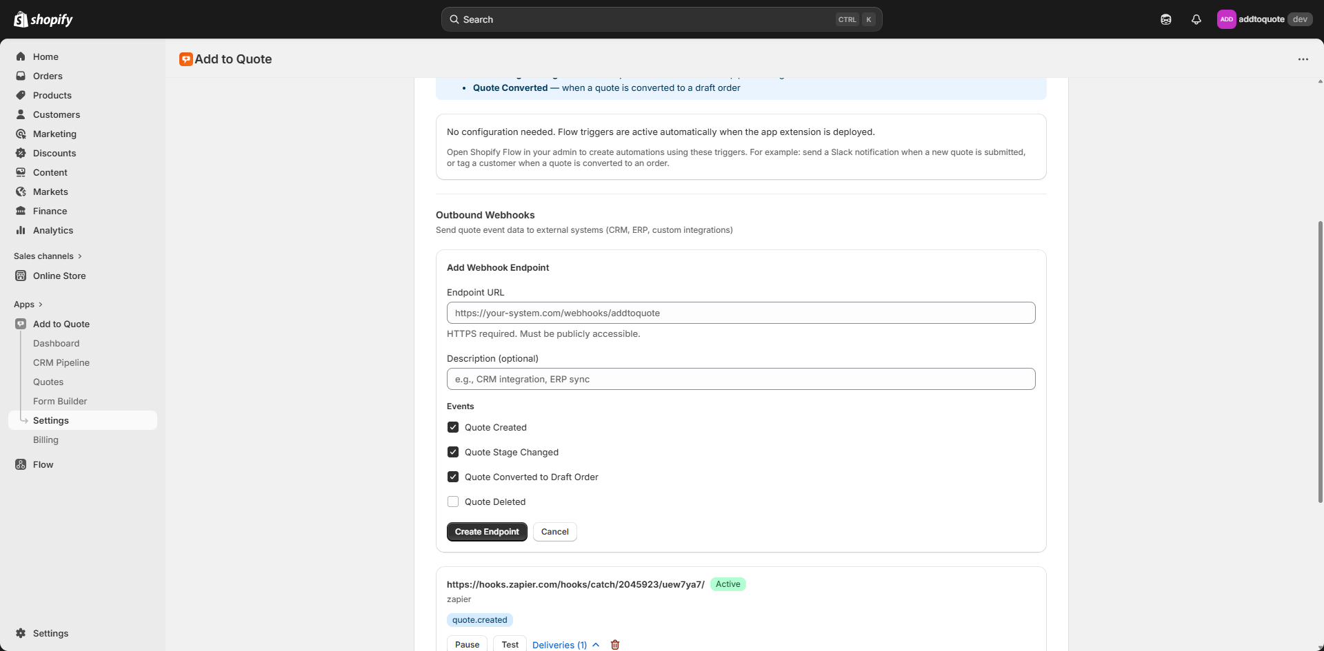 Webhook endpoint configuration form in AddToQuote settings