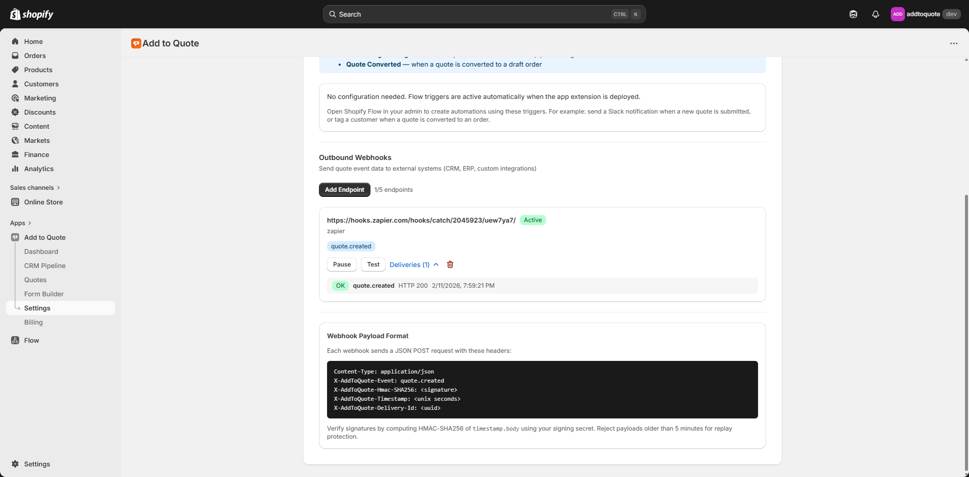 Security validation flowchart for HMAC-signed outbound webhooks
