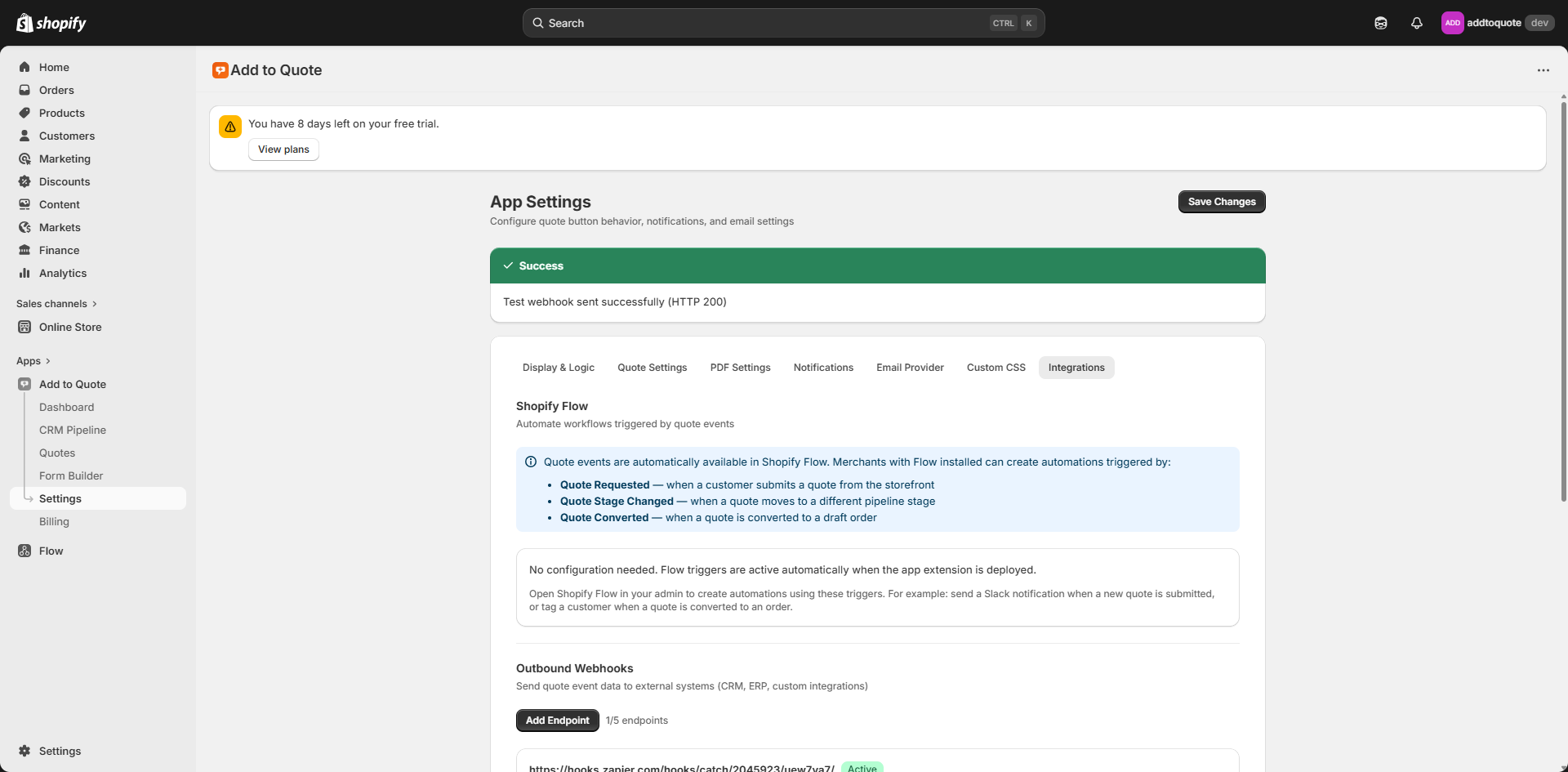 Data flow diagram showing quote events syncing from Shopify to CRM, ERP, and analytics