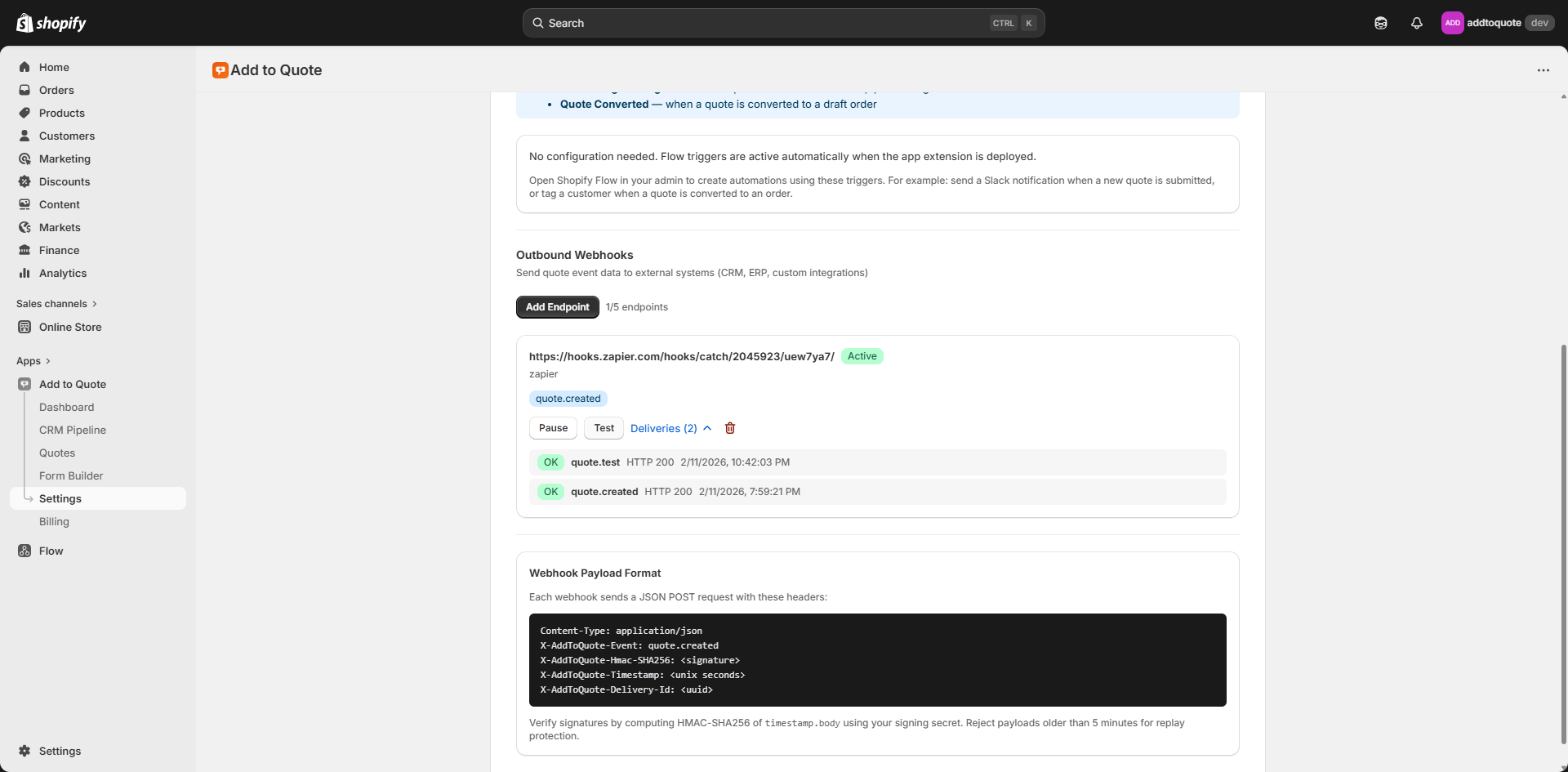 Webhook delivery log table showing successful and failed attempts