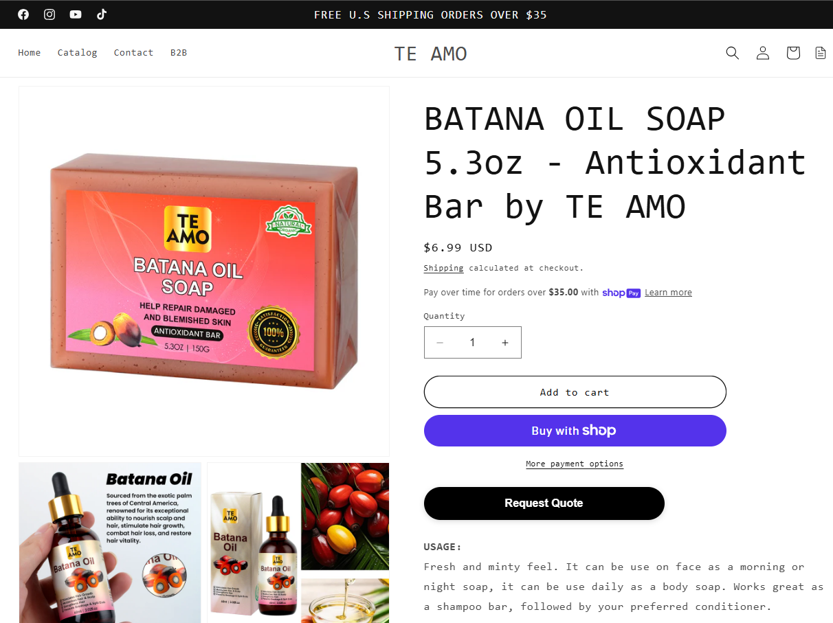 Te Amo Supply product page with Request Quote button for wholesale B2B ordering